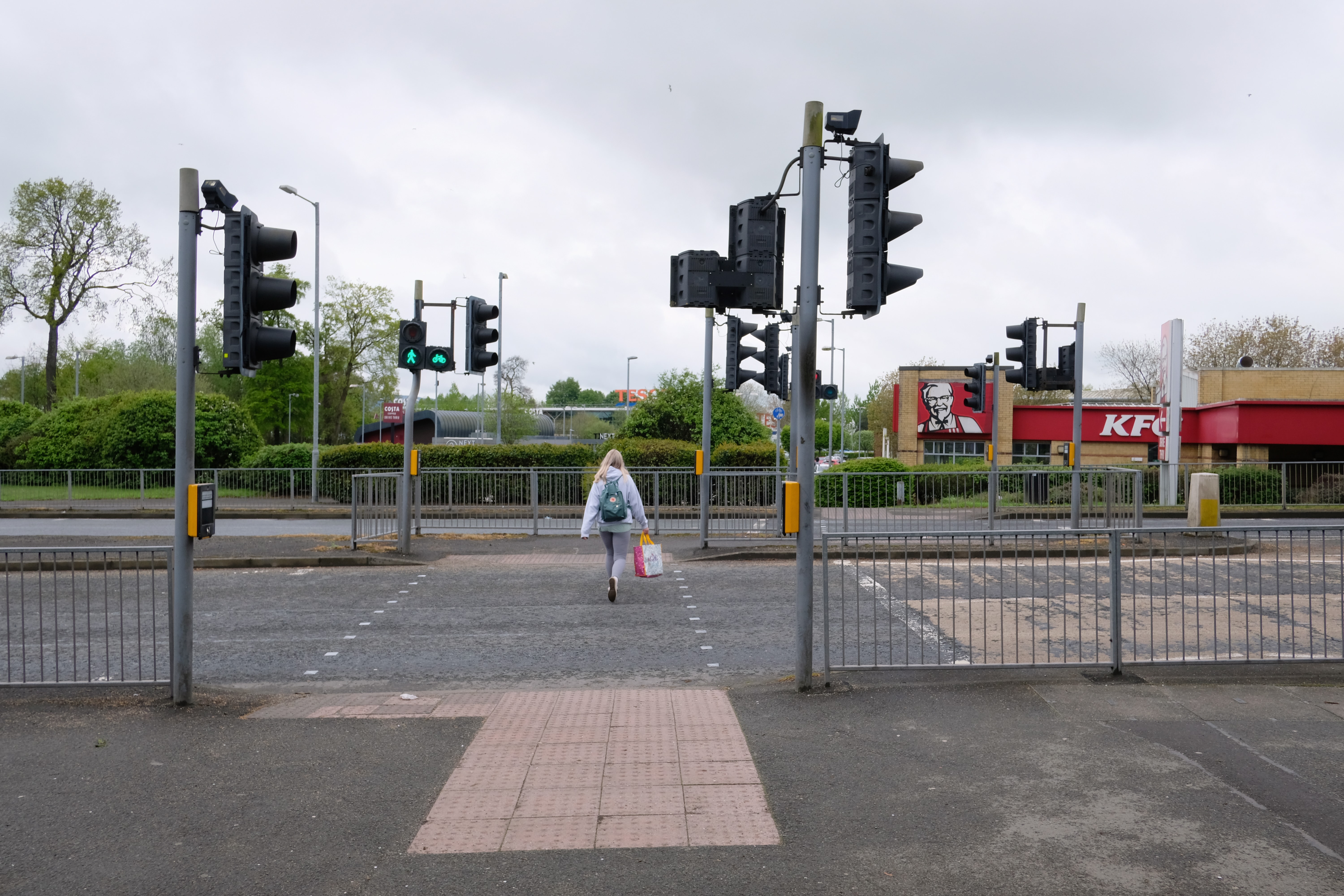 An obstacle course separates the cycle path from the retail centre