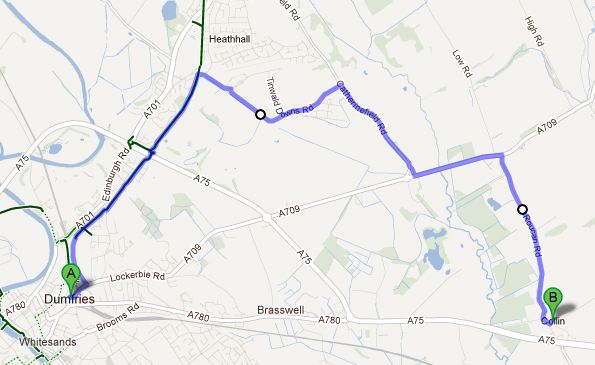 Map showing the long detour involved in reaching Collin without using the A75