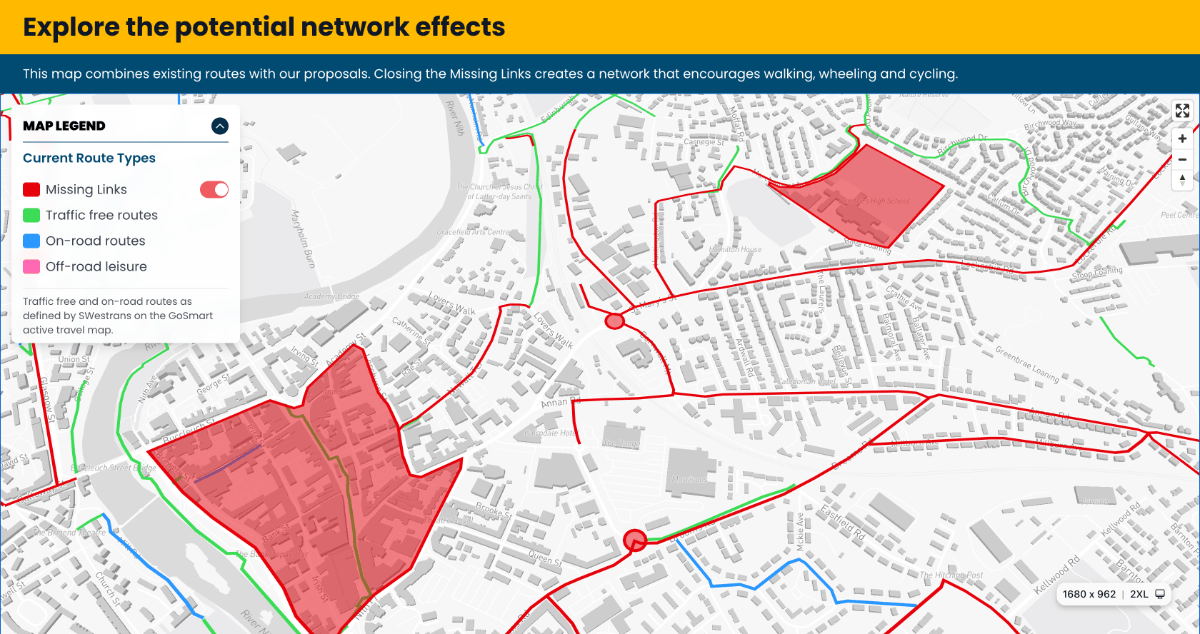 Screenshot of a map on the Missing Links website