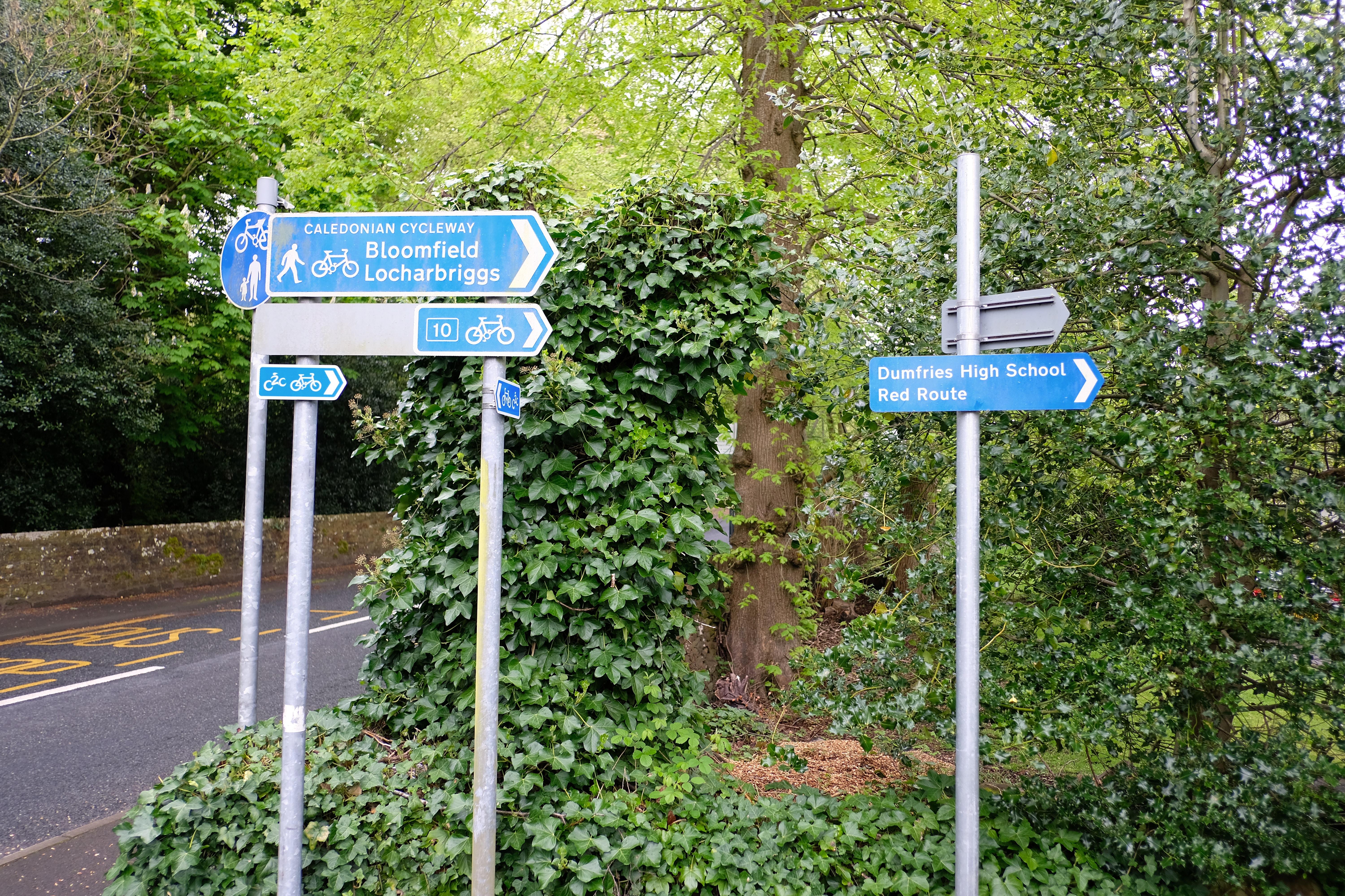 Multiple direction signs at the entrance to the Caledonian Cycleway including the 'red route' to the high school