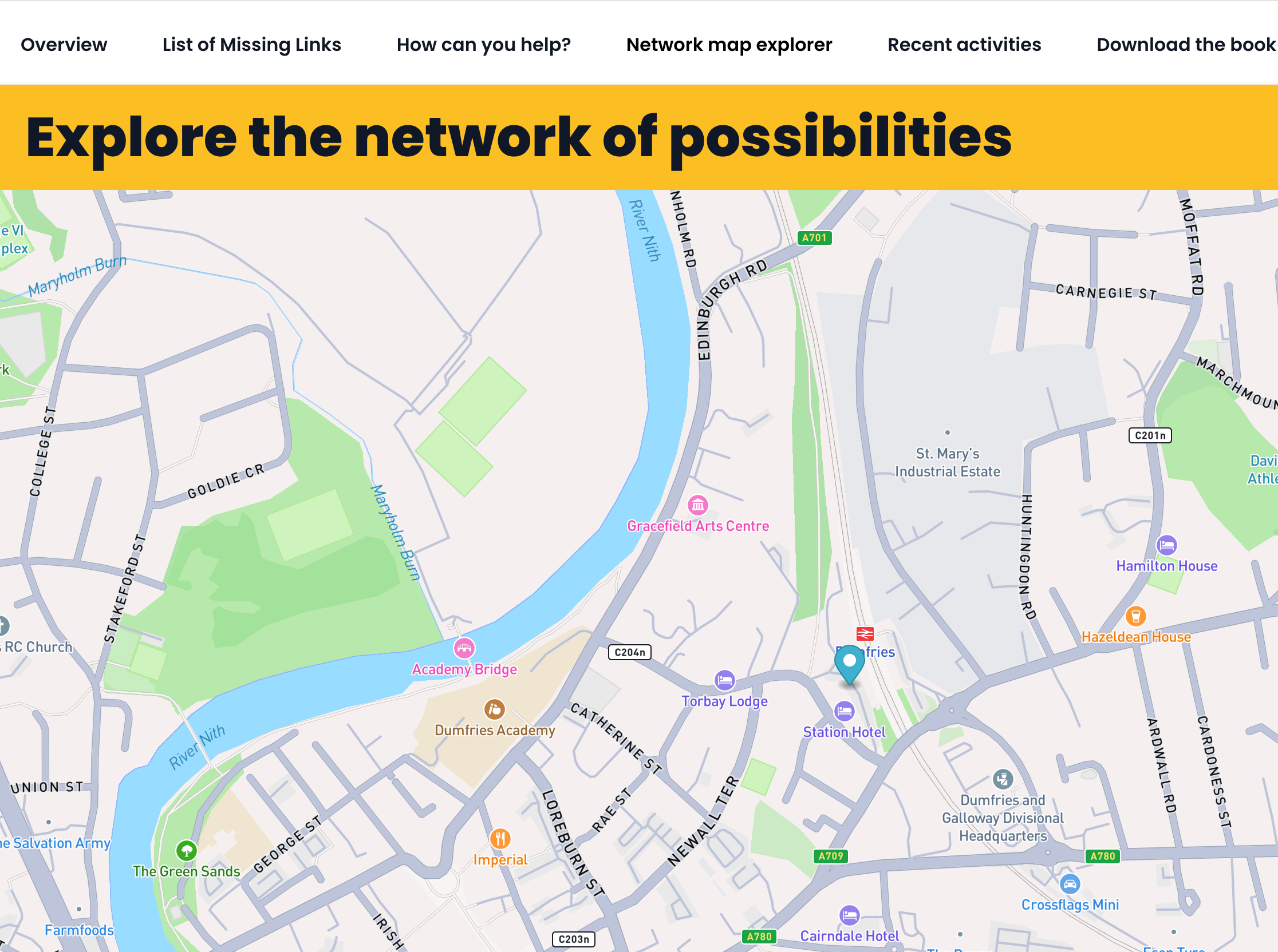 Screenshot of a map on the Missing Links website