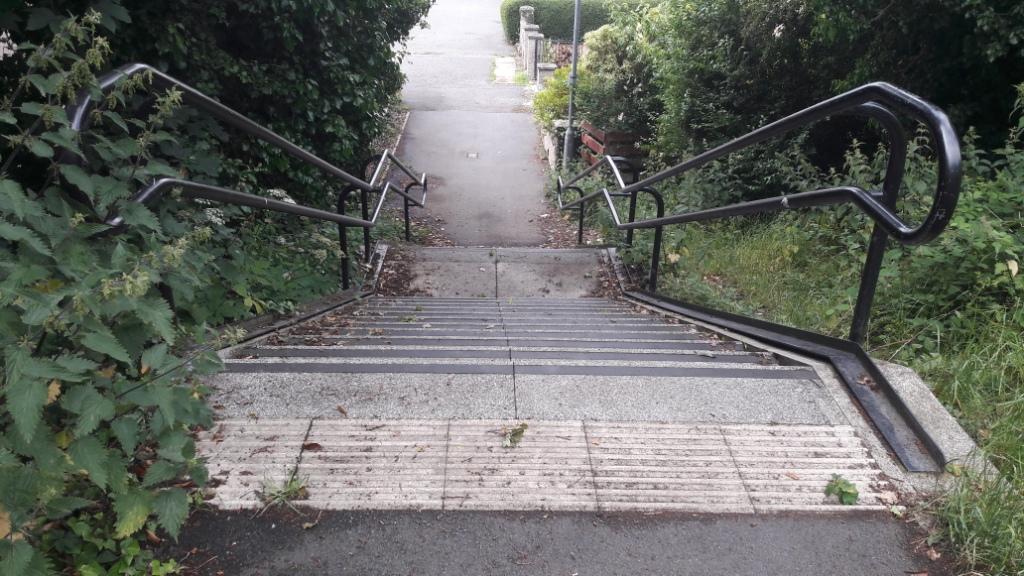 Steps down from the path to Locharbriggs Primary School with a wheeling ramp on the right hand side